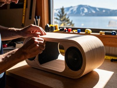 Custom built loudspeaker cabinet in a workshop setting with precision joinery and premium wood finishes.