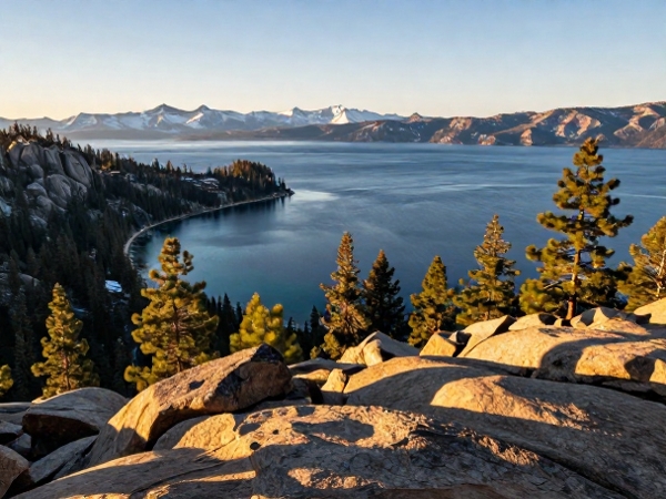 Scenic view of Lake Tahoe surrounded by pine forest and mountain ridges.