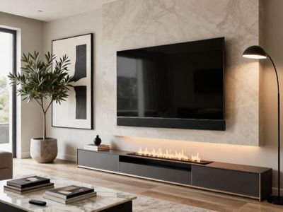 Elegant luxury living room featuring a large TV with an attached soundbar mounted above a modern linear fireplace and sleek lacquered media console.